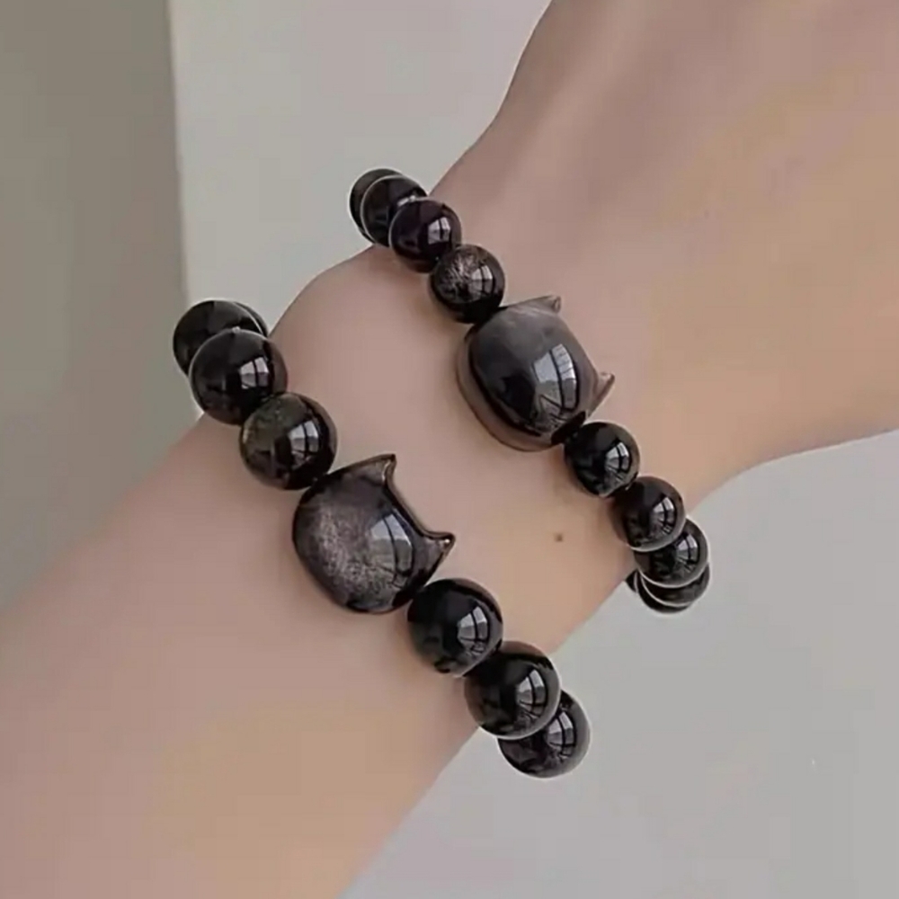 Obsidian cat’s face bracelet, stretchy women's bracelet. - Picture 5 of 6
